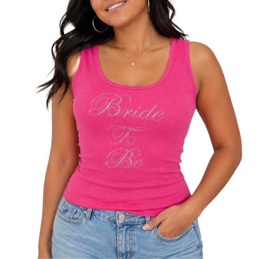 Bride To Be Rhinestone Tank Top Hot Pink Ribbed Y2K Bachelorette Large